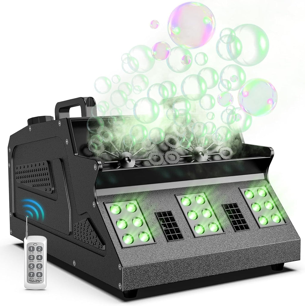 2000W Fog Machine, 3 in 1 Fog Bubble Machine with 2 Bubble Fans, 18 RGB LED Lights Smoke Bubble ALL IN ONE Fog Machine, Bubble Machine for Halloween Party Wedding Birthday