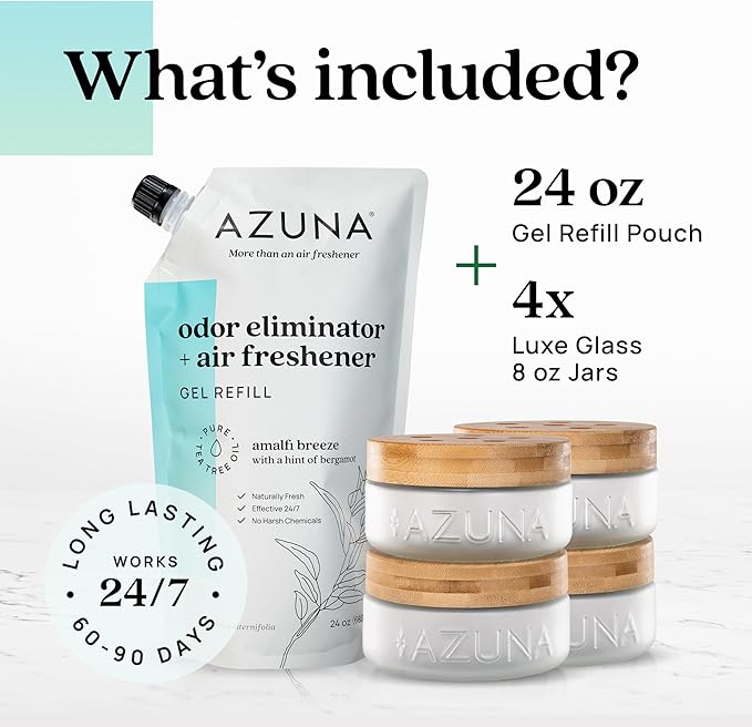 Azuna Air Freshener & Odor Eliminator Gel 4 Room Kit, Includes 8 oz. Empty Luxe