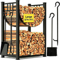 AMAGABELI GARDEN & HOME 32in Large Firewood Rack Fireplace Tools Set Wood Holder Indoor log Rack With Tools Tall for Wood Stove Firepit Campfire Storage Stacking Wrought Iron Accessories Outdoor