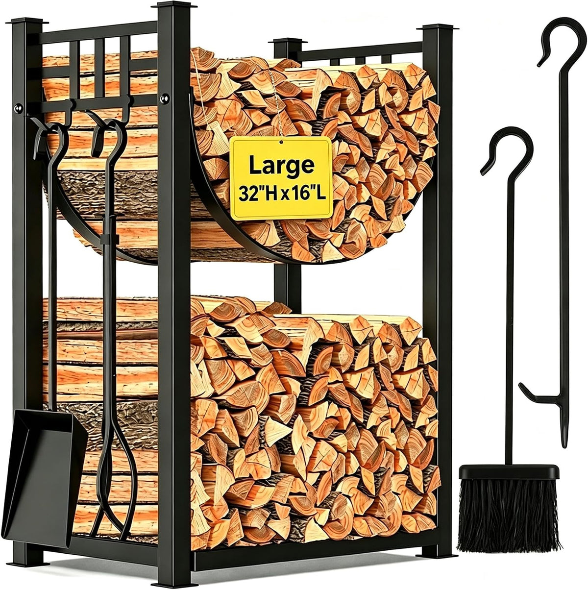 AMAGABELI GARDEN & HOME 32in Large Firewood Rack Fireplace Tools Set Wood Holder Indoor log Rack With Tools Tall for Wood Stove Firepit Campfire Storage Stacking Wrought Iron Accessories Outdoor