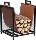 MyGift Black Metal Firewood Stand with Brown Sling Log Holder Rack