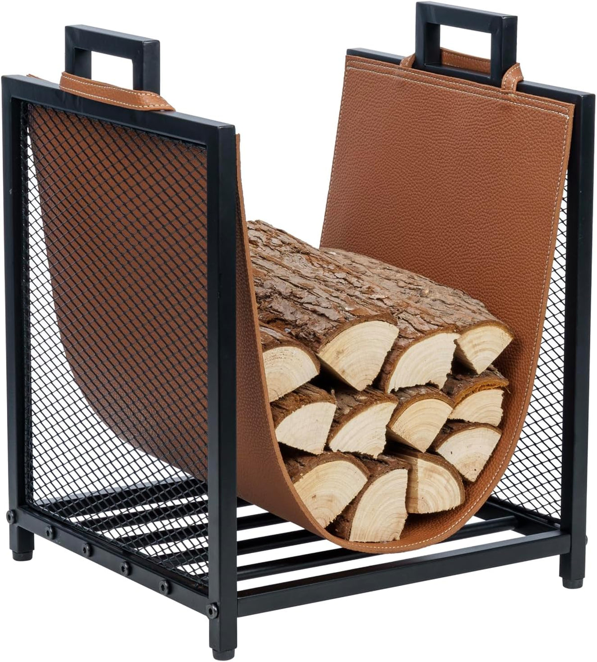 MyGift Black Metal Firewood Stand with Brown Sling Log Holder Rack