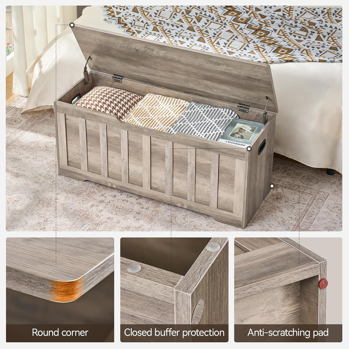 vankiley 43.3" storage chest extra large, storage bench.(greige), package contents