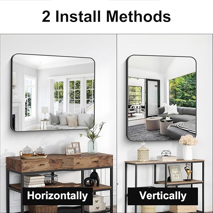 Bathroom Mirror, 36 x 30 inch Metal Framed Black Rectangle Mirror, Rounded