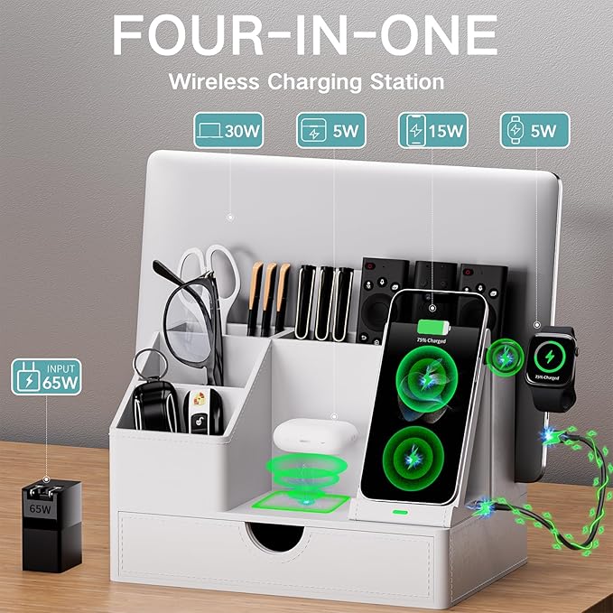 Sleek White PU Leather Charging Station