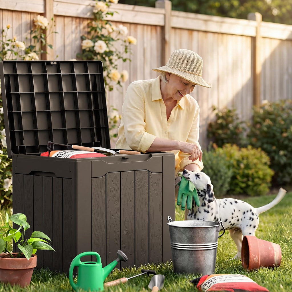 jummico 31 gallon resin deck box waterproof outdoor on a desk or shelf