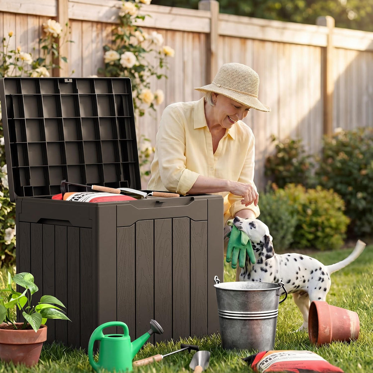 jummico 31 gallon resin deck box waterproof outdoor on a desk or shelf