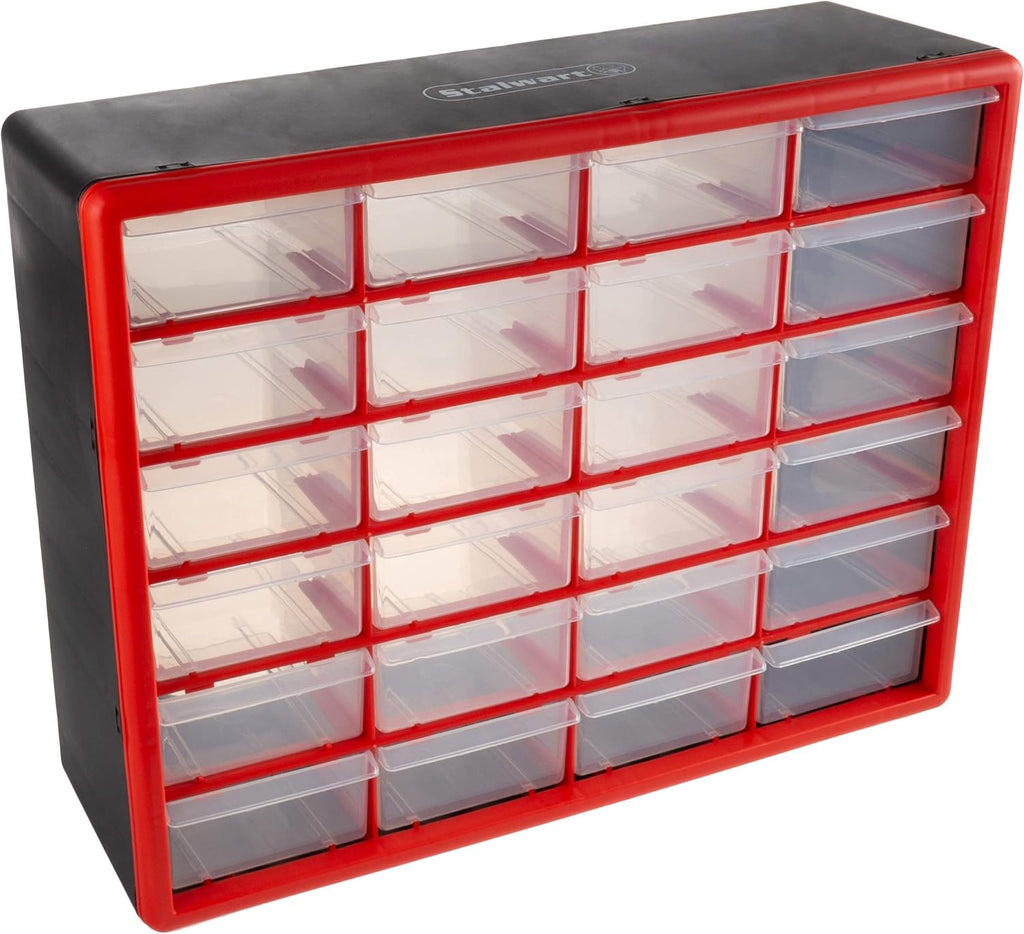 Stalwart Plastic 24 Drawer Organizer Compartment Parts Storage Cabinet, Red