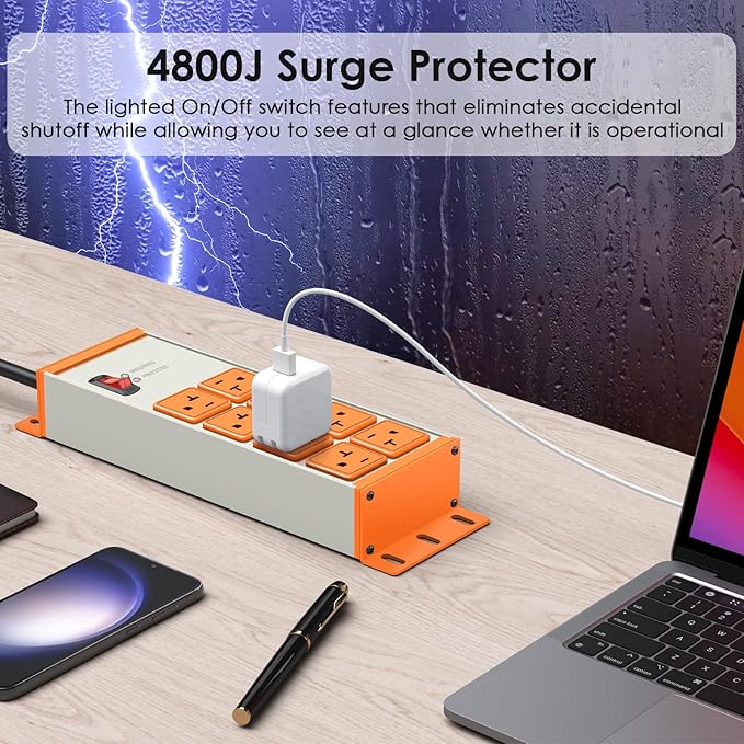 JUNNUJ Heavy Duty 20 Amp Surge Protector 4800J, Garage Metal 8 Outlets 12 Gauge