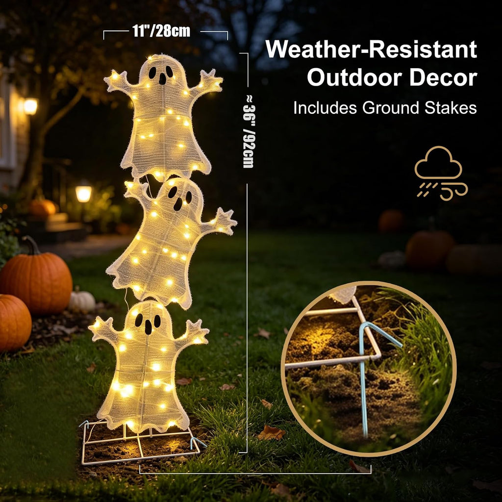 Halloween Decorations Lighted 3 Stacked Ghosts, Freestanding LED Ghost Yard Sign with Timer Battery Operated, Warm White Light Up Ghost Decor for Porch Lawn Garden Indoor Outdoor Holiday Display