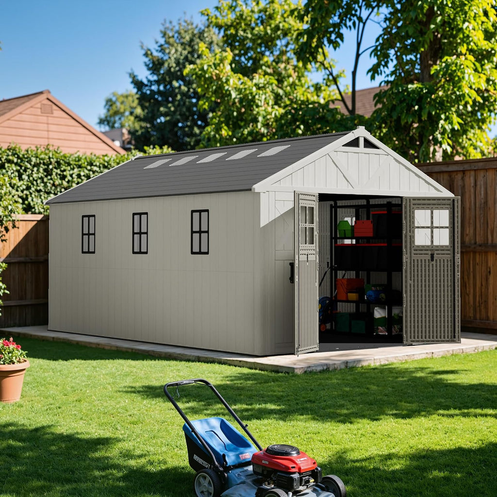 Devoko 10x16 FT Resin Outdoor Storage Shed with Floor, Beige