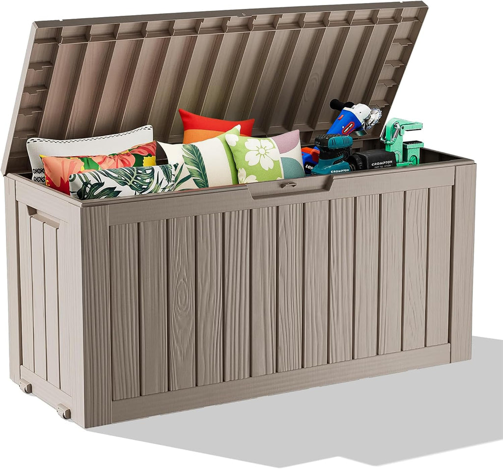 75 Gallon Waterproof Resin Deck Box, UV Resistant Outdoor Storage for Garden, Patio, Porch, Delivery（Grey，75 Gallon）
