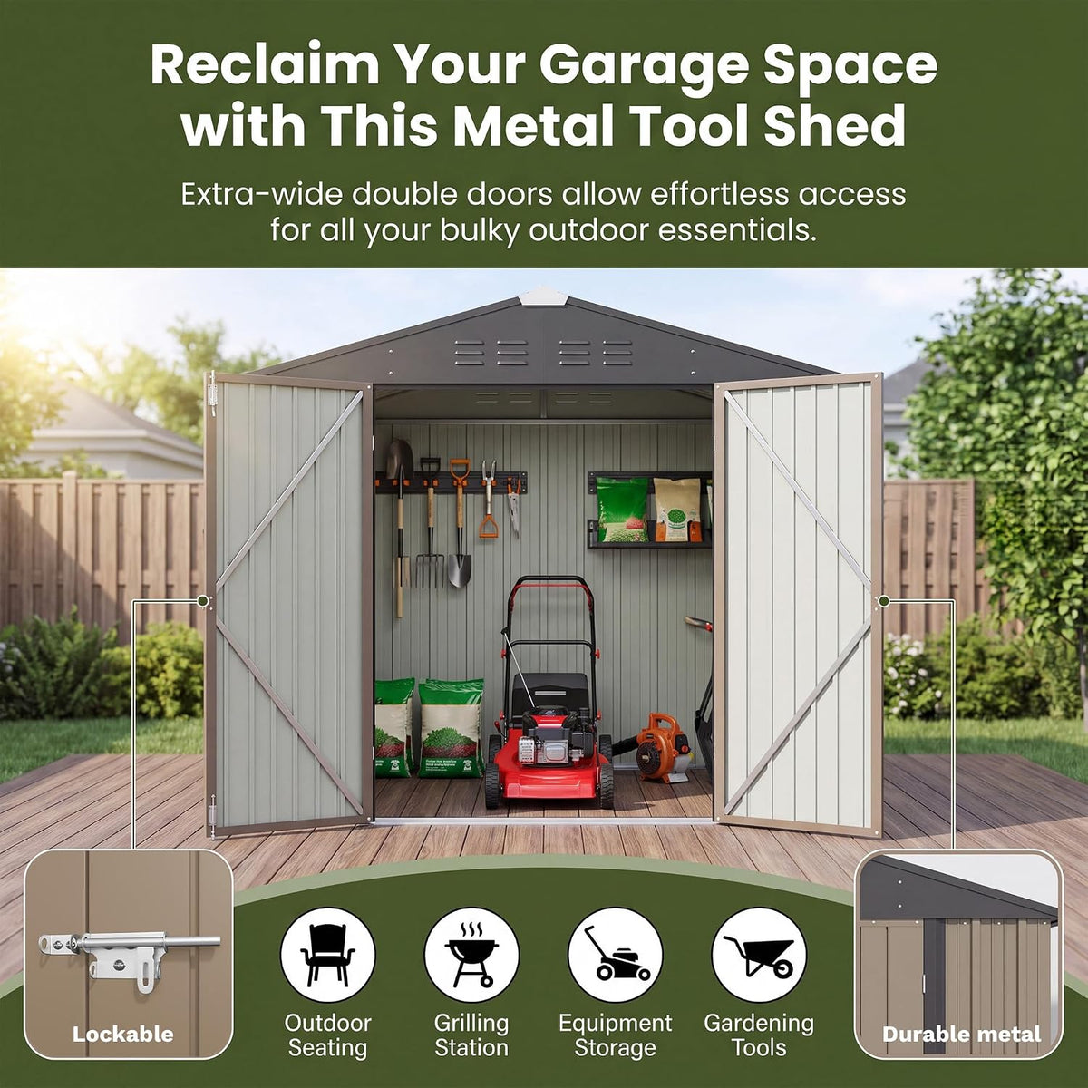 patiowell 6x4 ft storage shed, brown, close-up detail