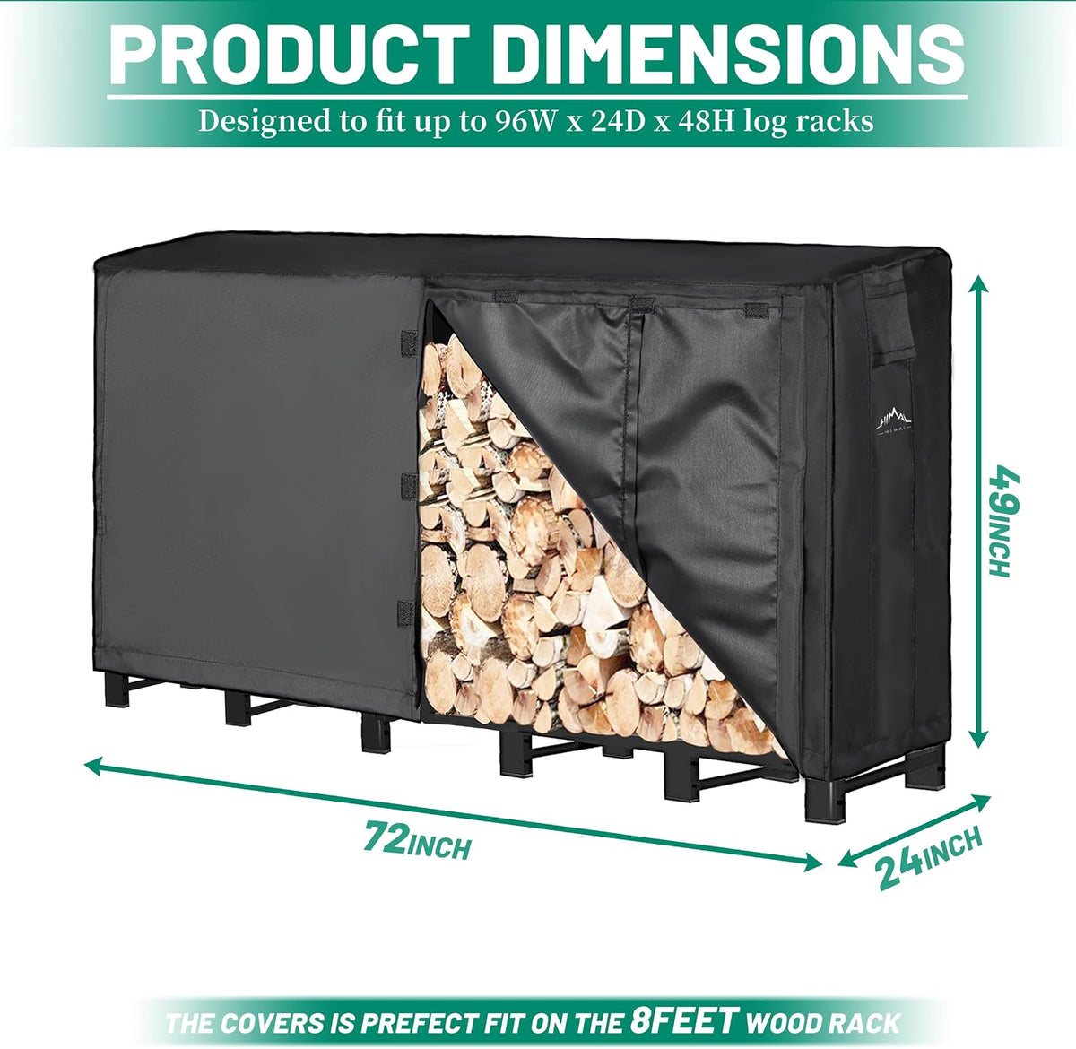 himal 6ft firewood rack cover outdoor waterproof, black shown in use