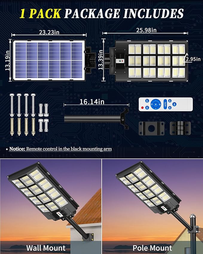 Gefolly SL-6000W Solar Street Light Outdoor, Wide Angle 600000LM Commercial