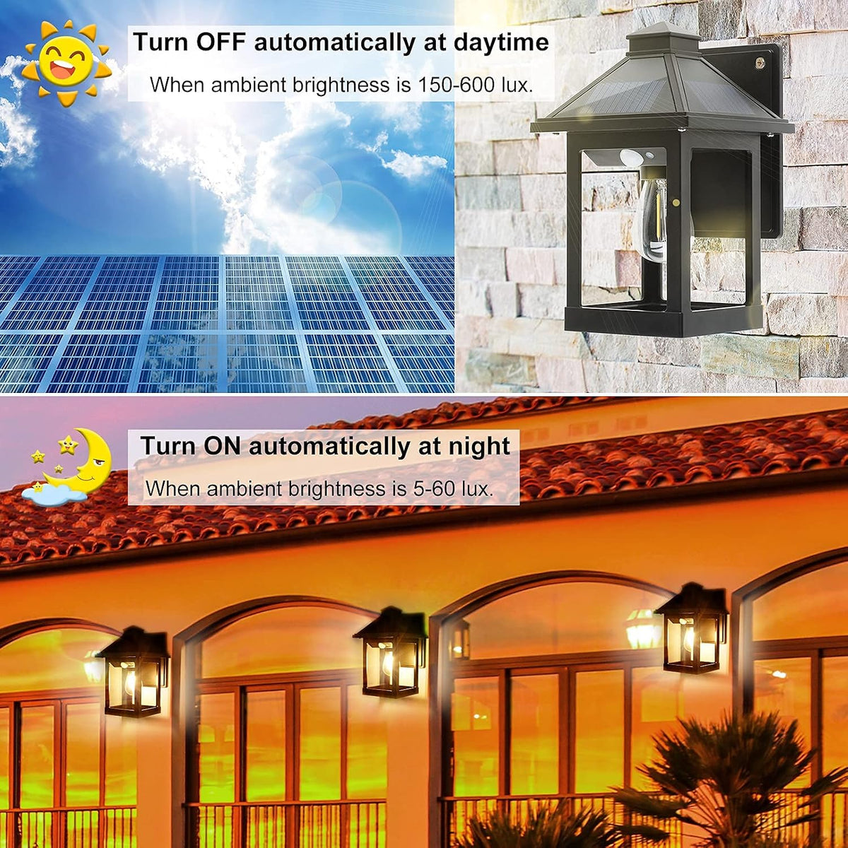 solar wall lanterns outdoor with 3 modes, dusk shown in use