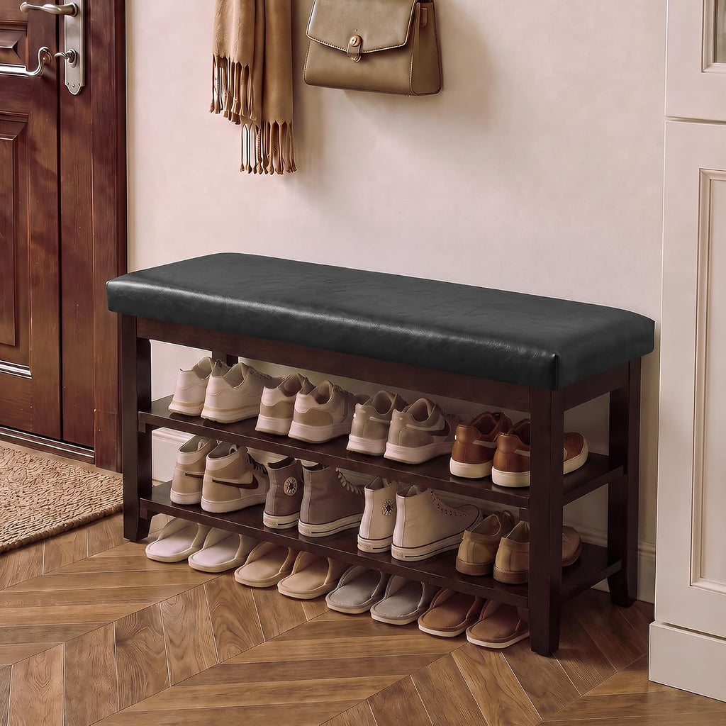 40" Wooden Shoe Rack with Seating, Entryway Bench with Shoe Storage, Black