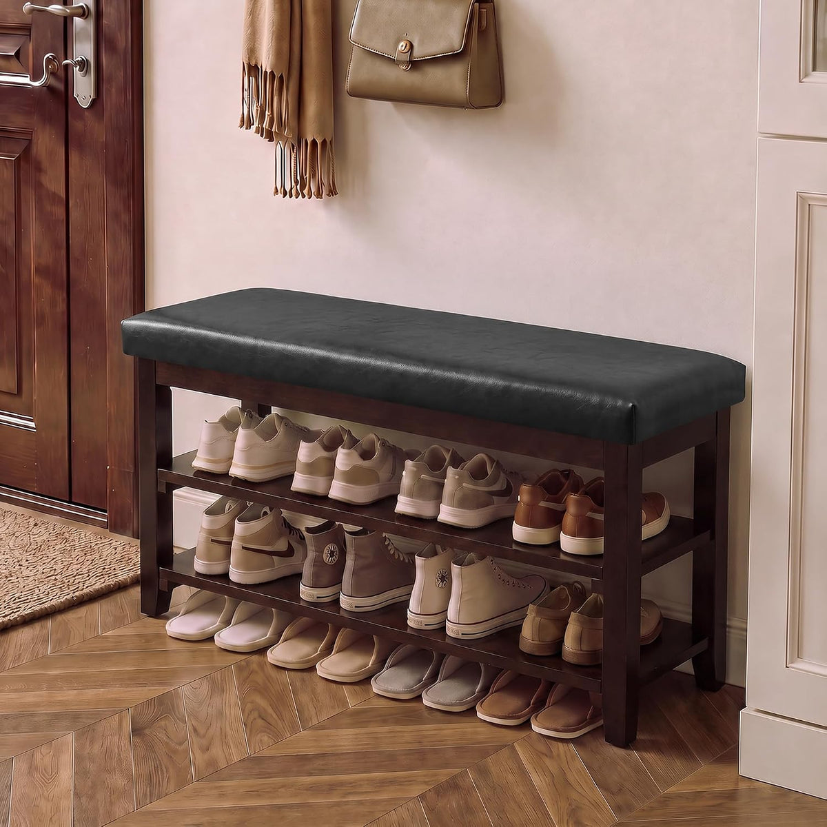 40" Wooden Shoe Rack with Seating, Entryway Bench with Shoe Storage, Black