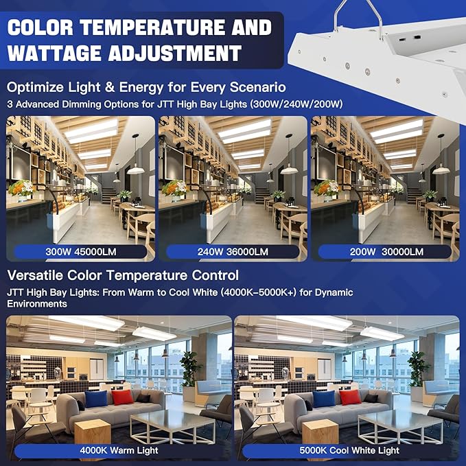 JTT 300/240/200W LED Linear High Bay Light, 45000LM Linear High Bay Shop Light