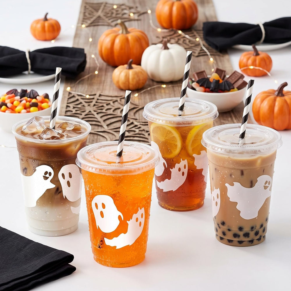 Jingmore 50 Set Halloween Ghost Lattes Plastic Cup 16 oz with Lid and Straw