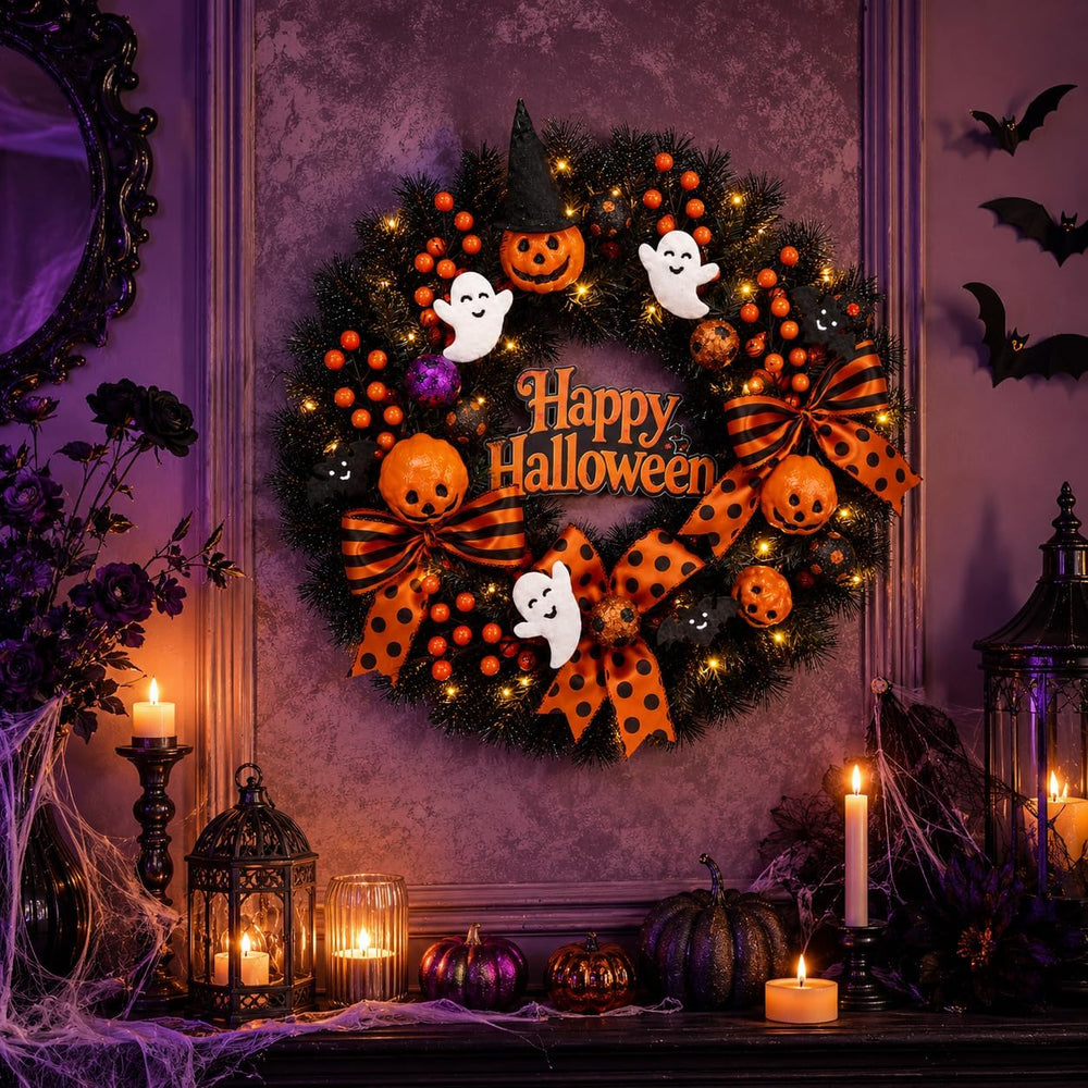 22 Inch Halloween Wreath for Front Door with Light Pumpkin Ghost Decor