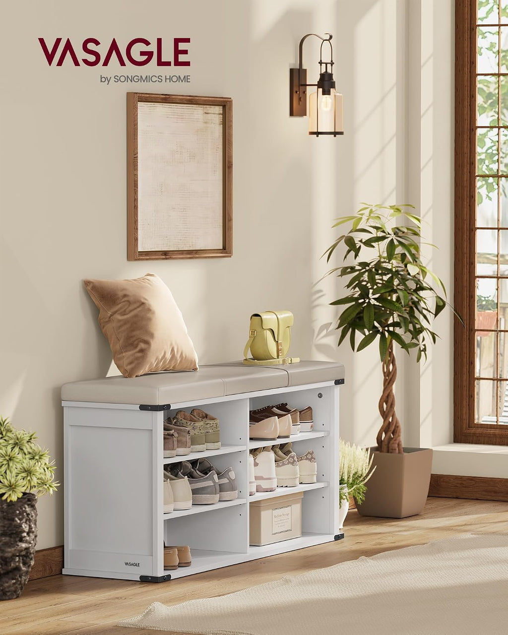 VASAGLE Shoe Storage Bench with Removable Cushion, Adjustable Shelves