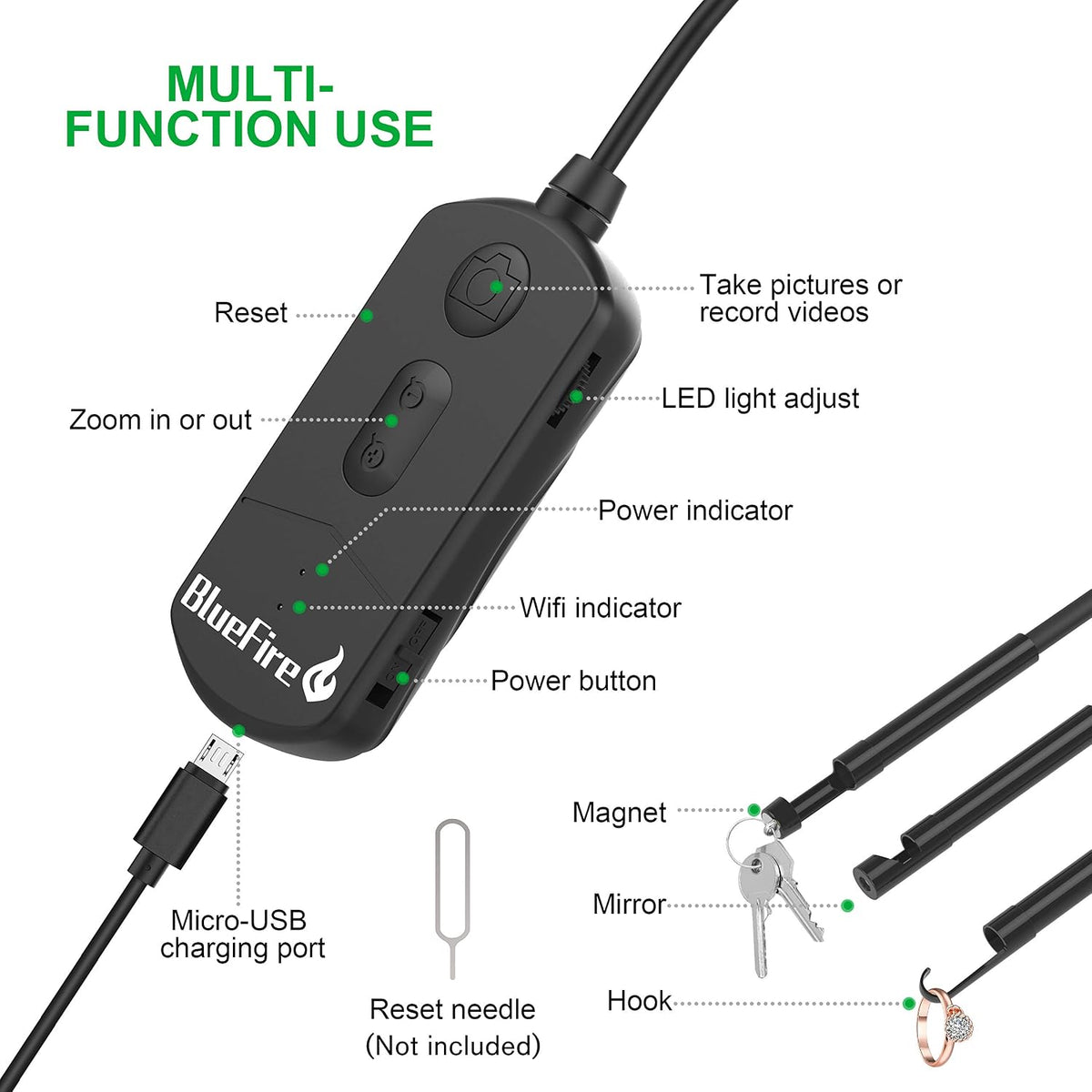 bluefire 49ft wireless endoscope, 1080p 2mp wifi borescope, package contents