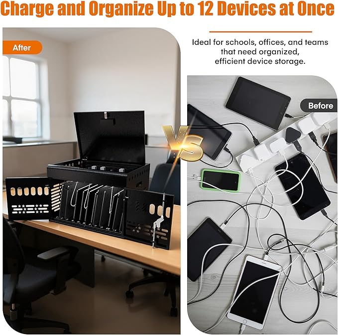 12-Device Tablet Charging Station Lock Box, Computer Cabinet
