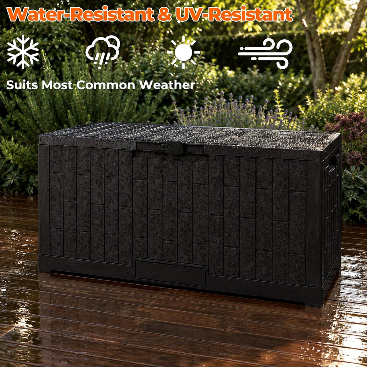 outdoor storage box, 120 gallon waterproof resin patio on a desk or shelf
