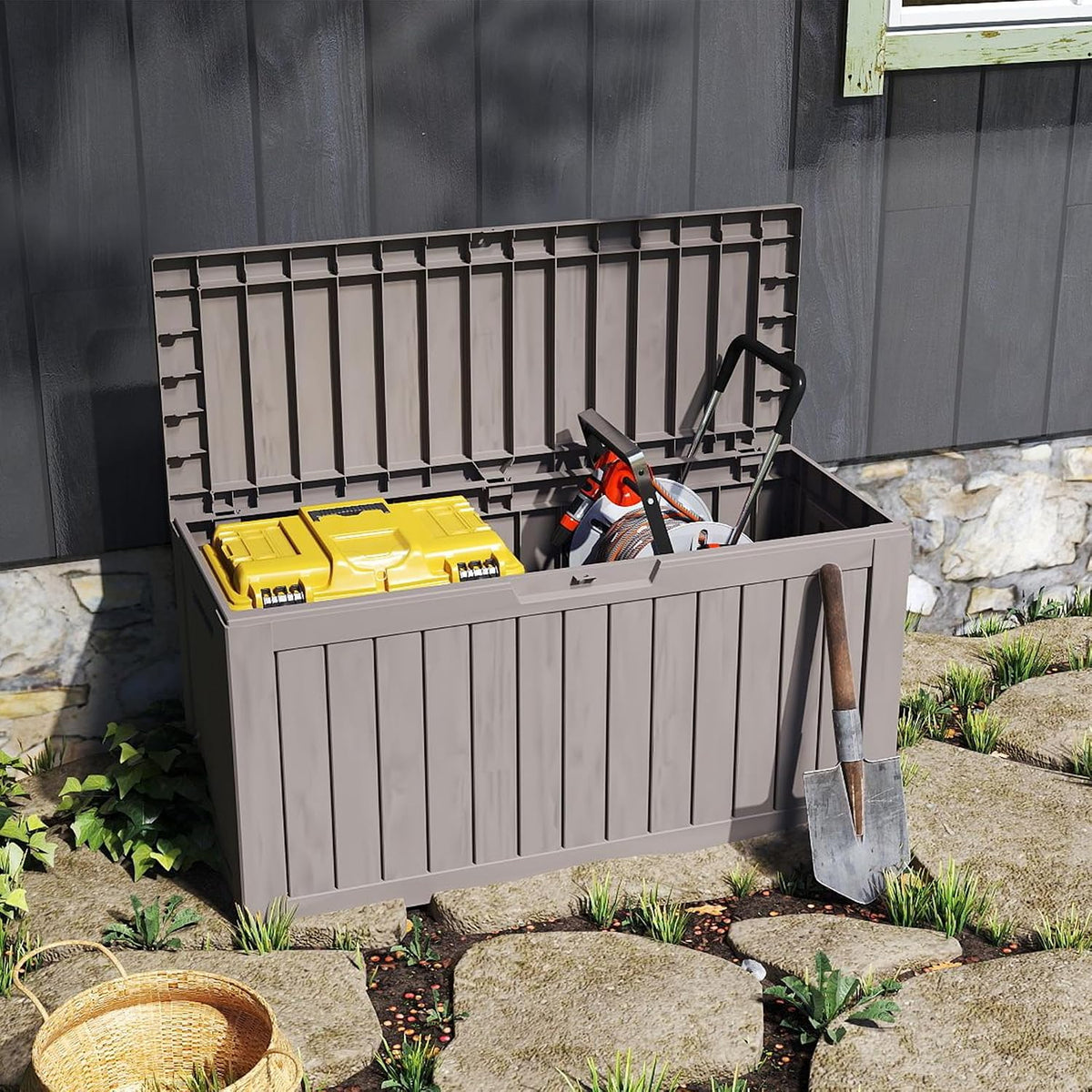 90 gallon outdoor storage with wheels, lockable waterproof, side view