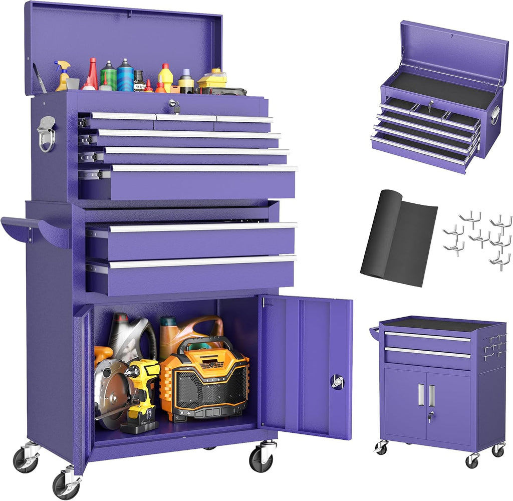 Greenvelly 8-Drawer Tool Chest with Wheels, Pre-Assembled Rolling Tool Chest, Detachable Top Tool Box, Lockable Design, Comes with Drawer Liners & Side Hooks for Garage Workshop Repair Room (Purple)