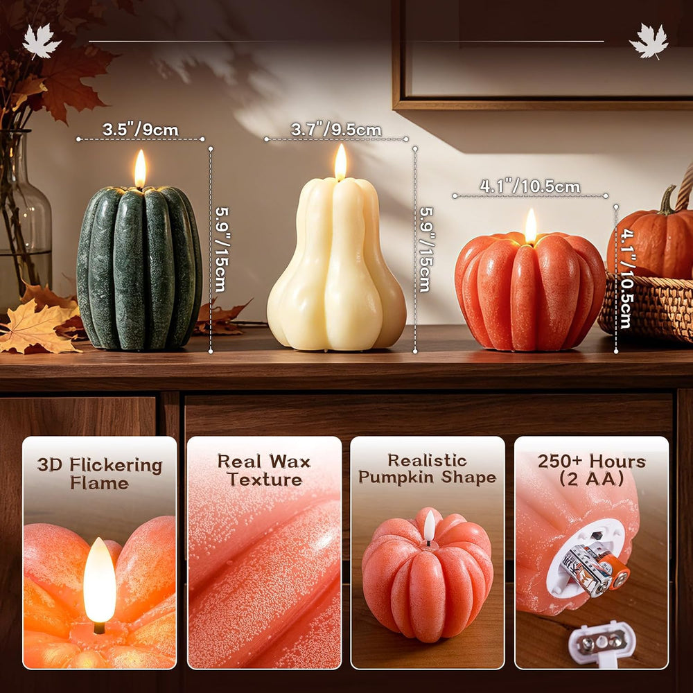 EVERLORIA 3 Pcs Fall Pumpkin Flameless Candle, LED Battery Operated Pumpkin C...