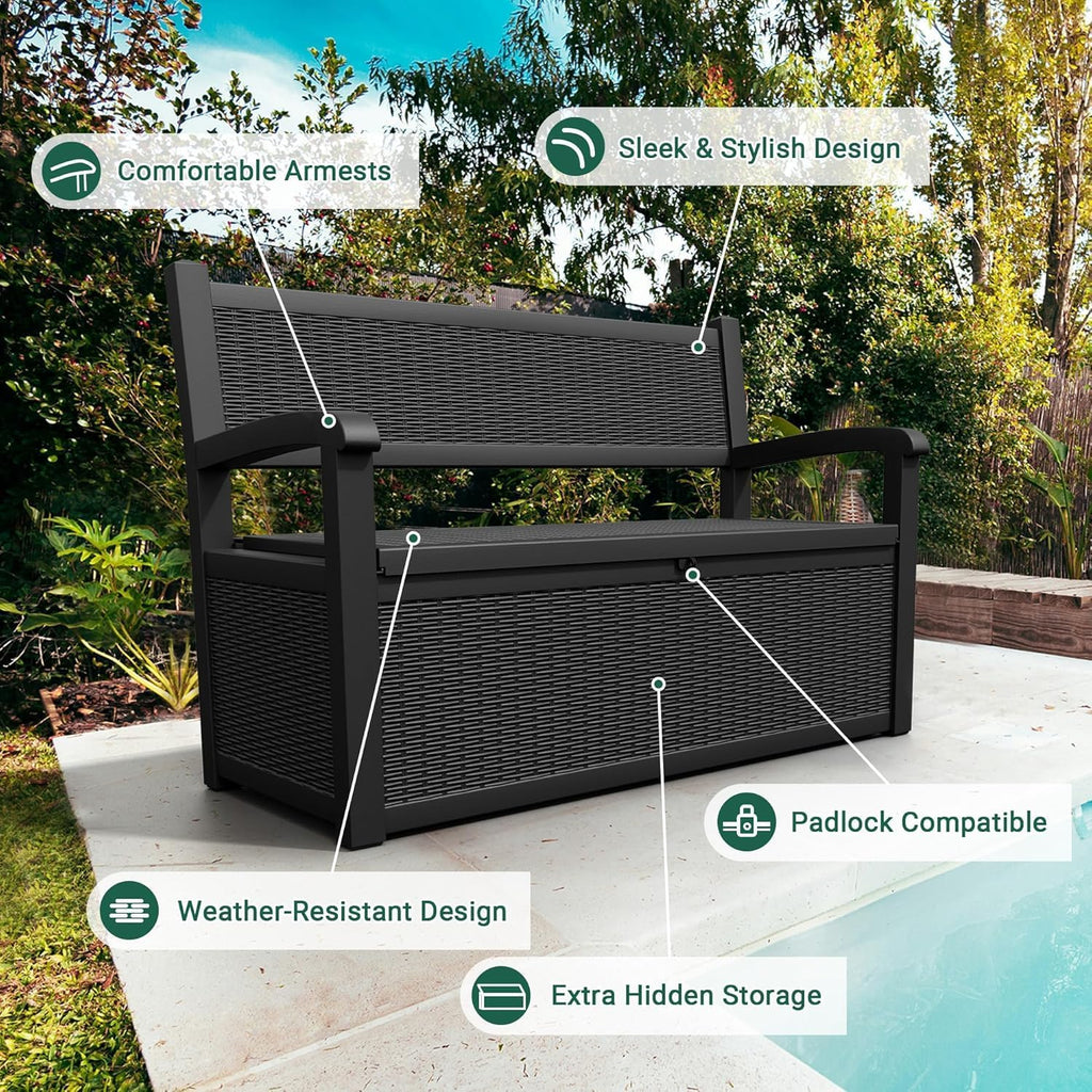 lhbcraft 70 gallon lockable outdoor storage bench waterproof showing dimensions