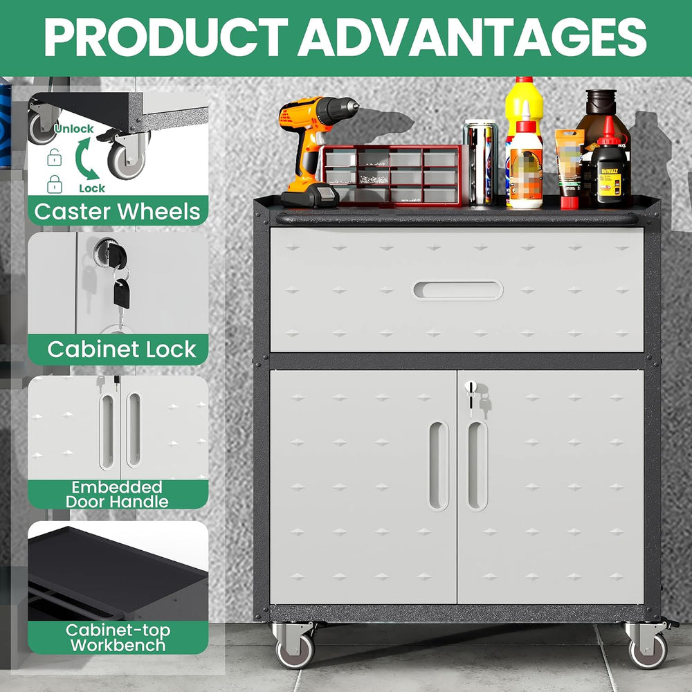 Garage Cabinets,Metal Garage Storage Cabinet with Wheels,Lockable Rolling Too...