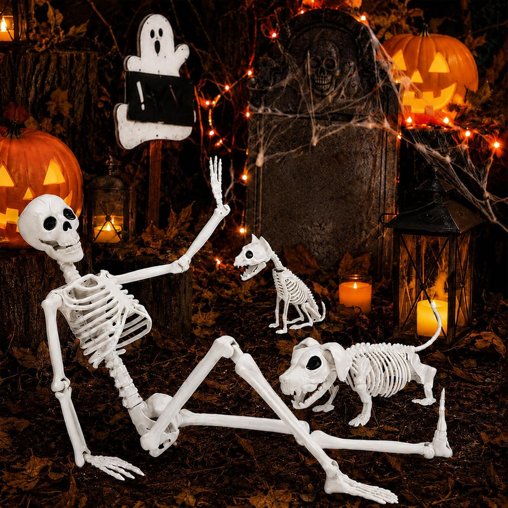 36" Halloween Skeleton Decorations - 3FT Posable Skeleton with Dog & Cat