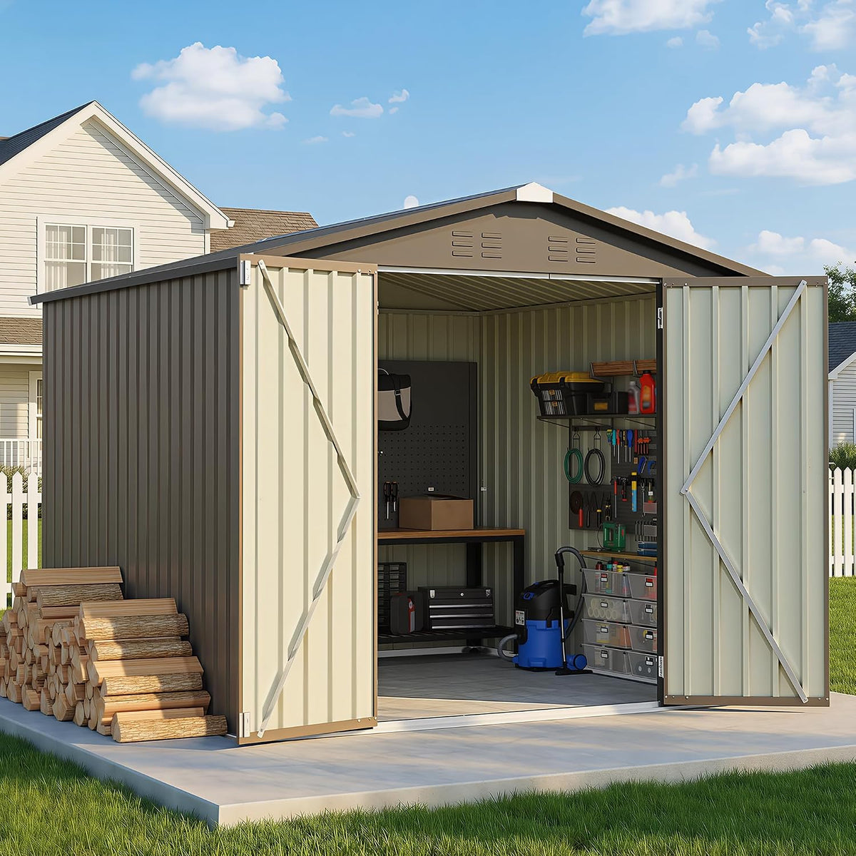 Greesum 8x8FT Outdoor Storage Shed, Brown