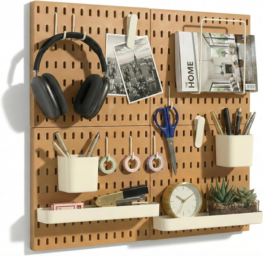 Keepo Peg Board Wall Organizer – Plastic Pegboard Panels, Modular Peg Board Storage System For Home Office, Craft Room, Gaming Setup (Tan brown, 22″×22″)