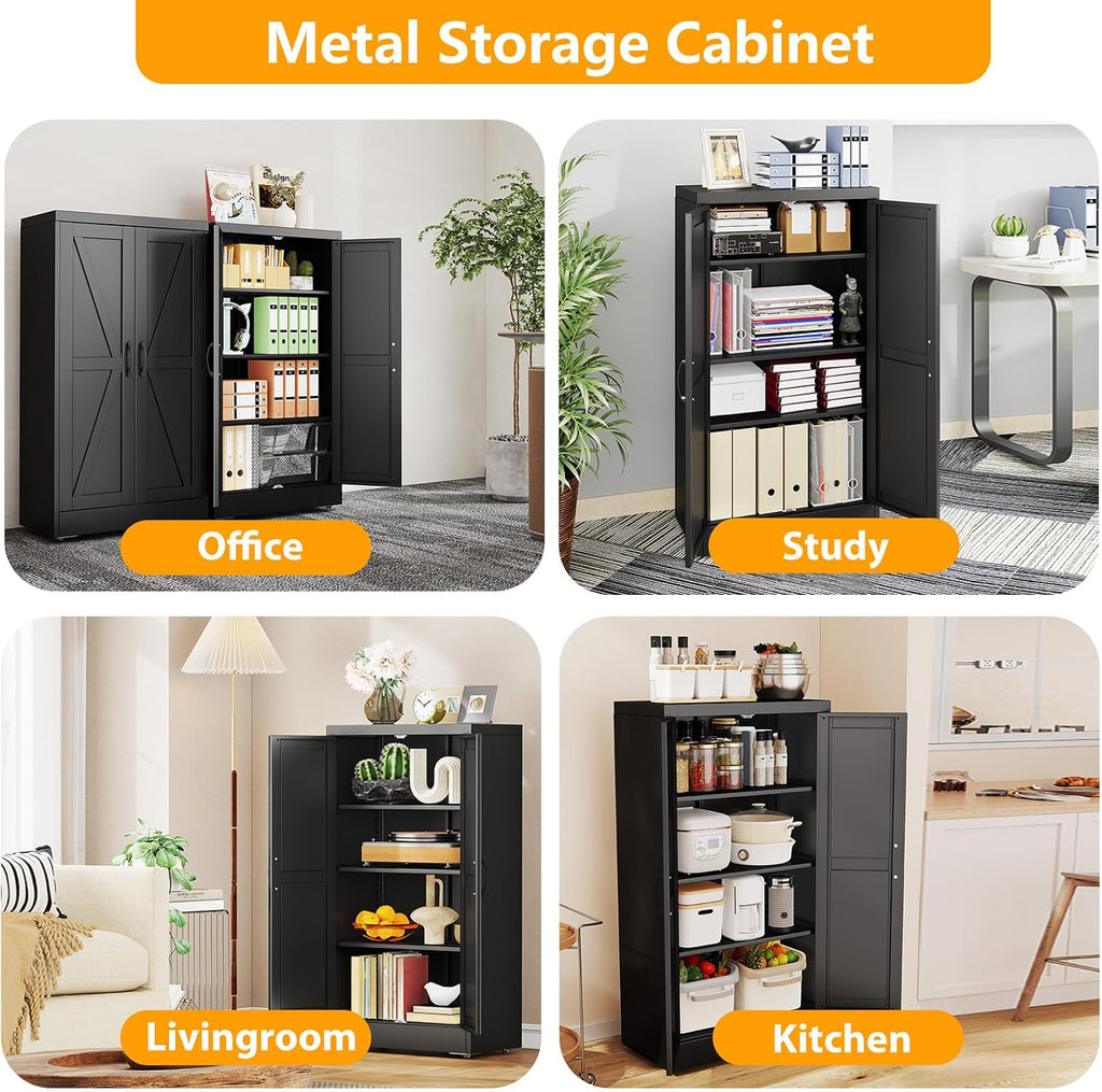 ckzbx black metal cabinets with doors and shelves showing dimensions