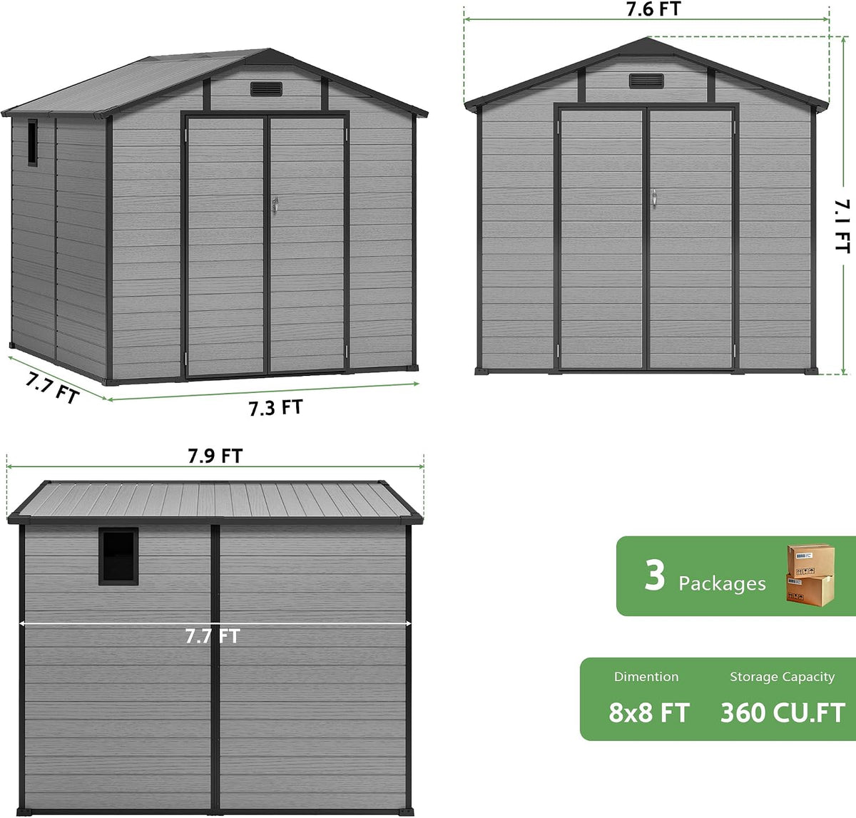 8x8 FT Resin Shed with Floor & Skylight, Weather & UV Resistant Sheds