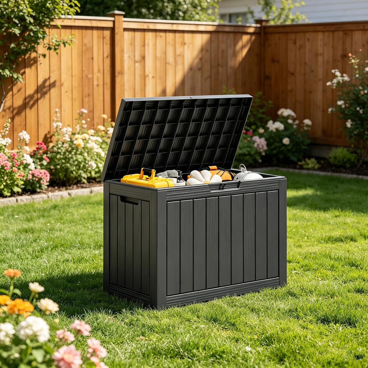 outdoor storage box, resin deck boxes outdoor, waterproof showing dimensions
