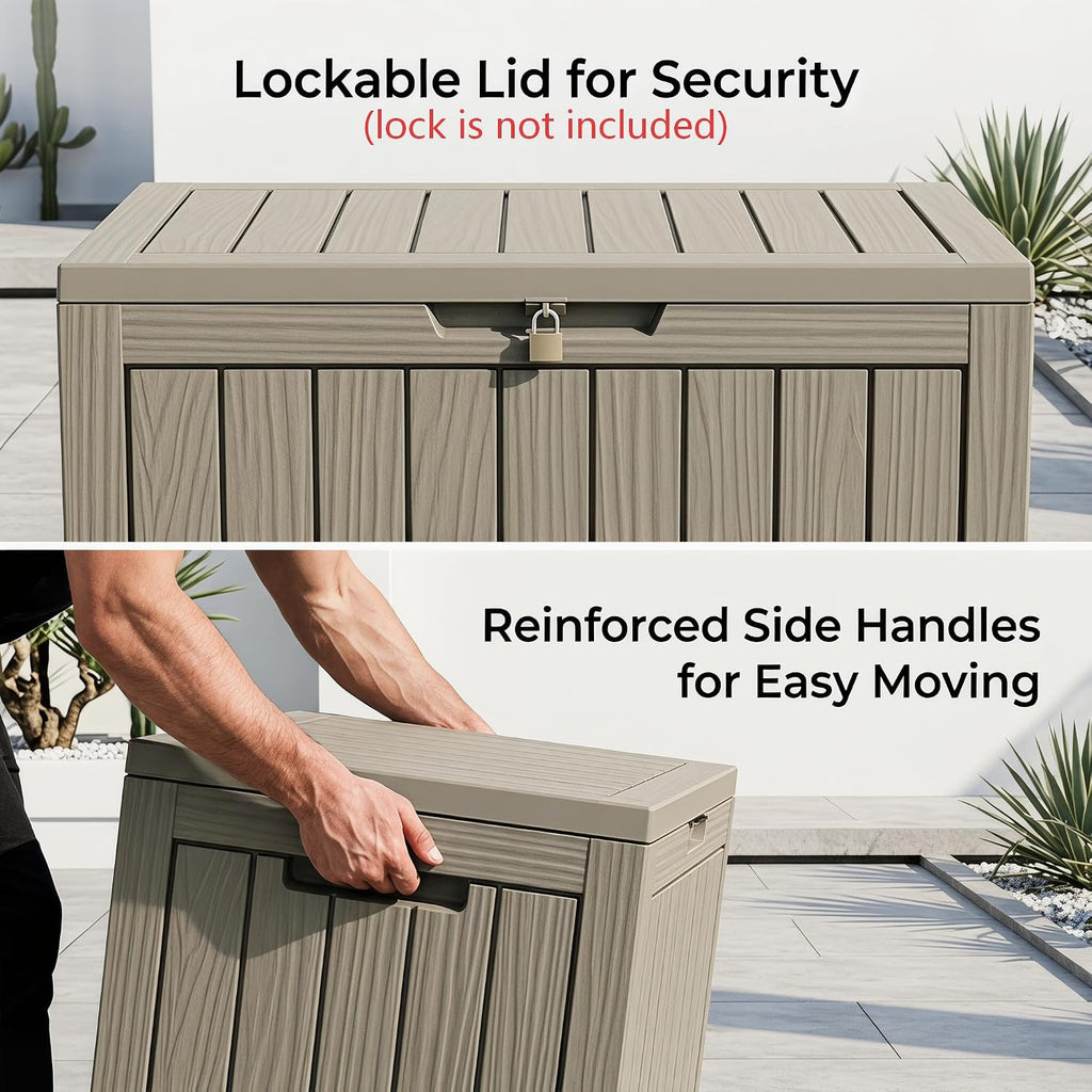 46 gallon deck box for patio furniture, outdoor, close-up detail