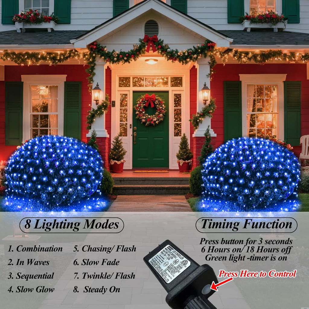 OYCBUZO 300LED Net Lights, 14.8ft x 5ft Christmas Net Lights Outdoor Connectable, Waterproof Mesh Lights 8 Lighting Modes for Halloween Bushes Xmas Tree Holiday Party Garden - Blue