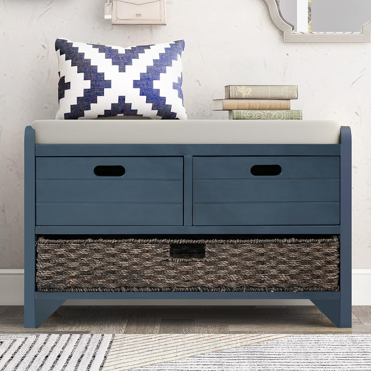 P PURLOVE Wood Storage Bench with Removable Basket and 2 Drawer,Fully Assembled Entryway Storage Bench Shoe Bench with Removable Cushion for Hallway Entryway Living Room