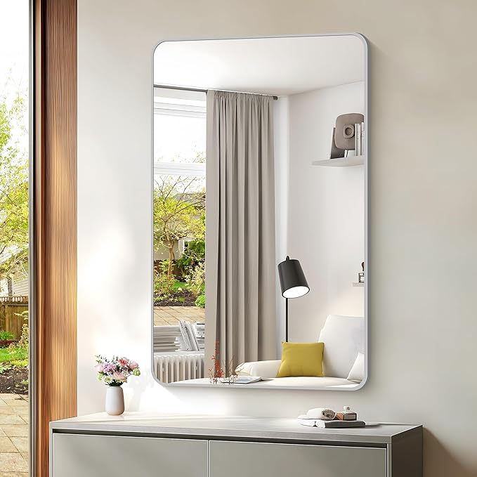 48x30 Inch Silver Bathroom Mirror, Metal Framed Silver Rectangle Mirrors