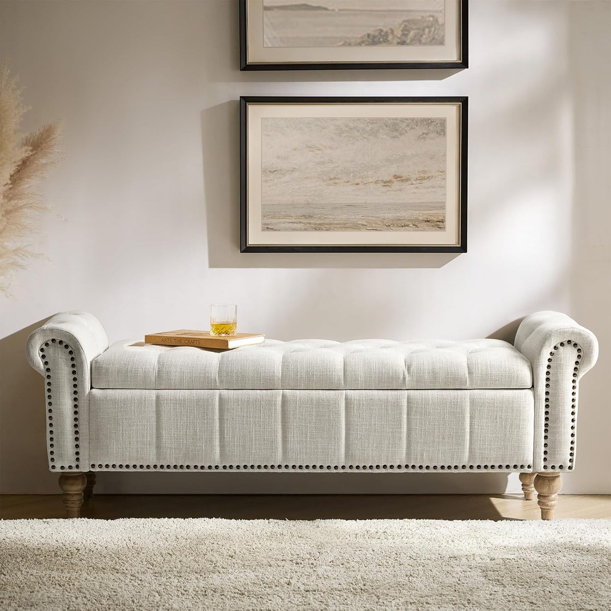 HULALA HOME Farmhouse Storage Bench, Ivory