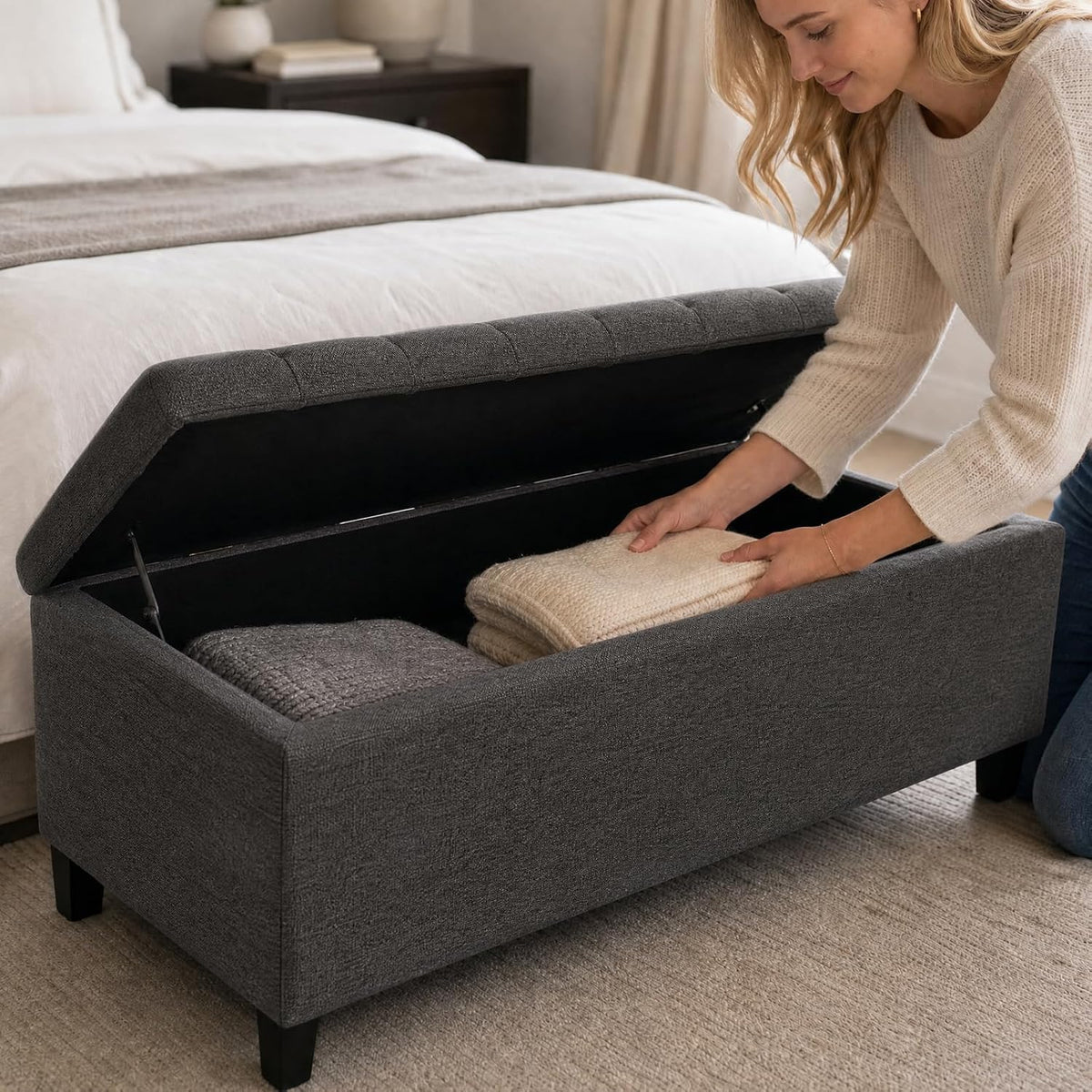 madison park 49" upholstered storage bench, button tufted showing dimensions