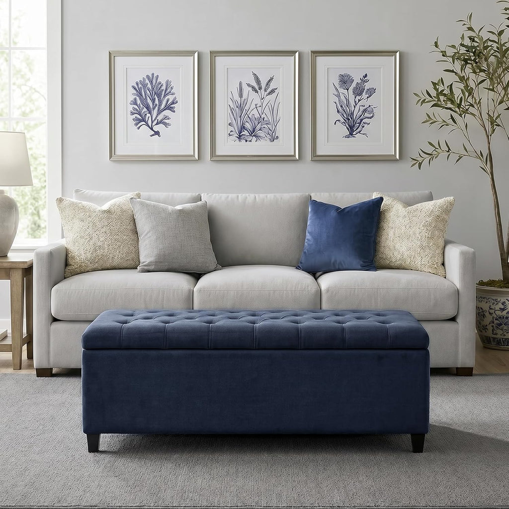 madison park 49" upholstered storage bench, button tufted, close-up detail