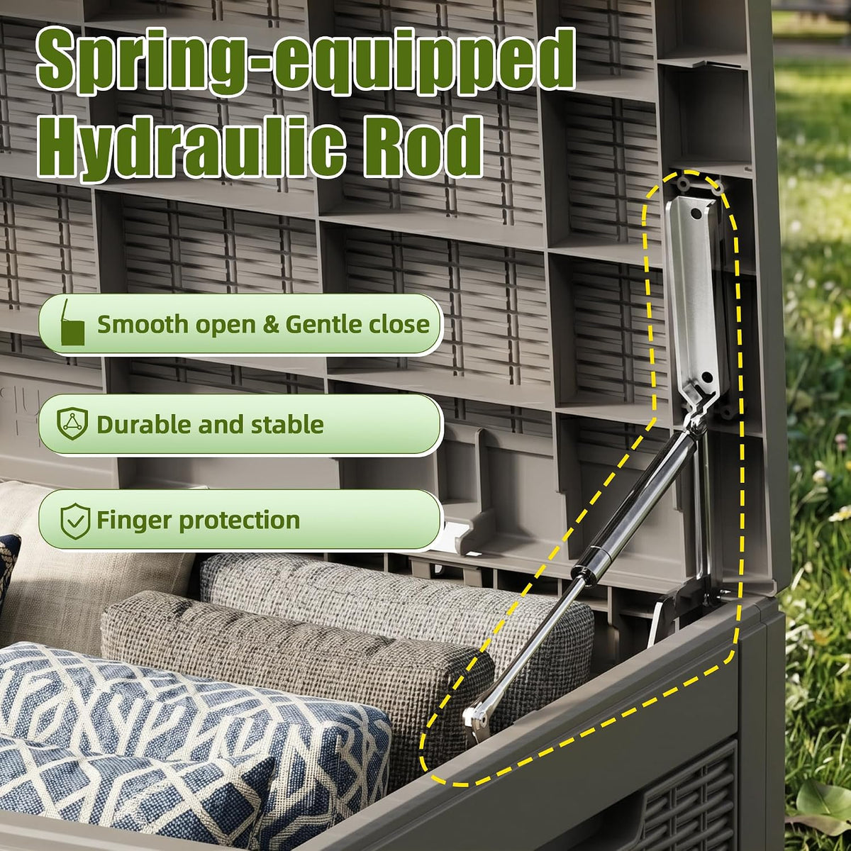 140 gallon deck box, lockable waterproof resin storage, side view