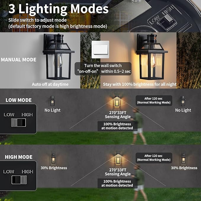 Motion Sensor Outdoor Wall Lights, Porch Light Outdoor 3 Lighting Modes