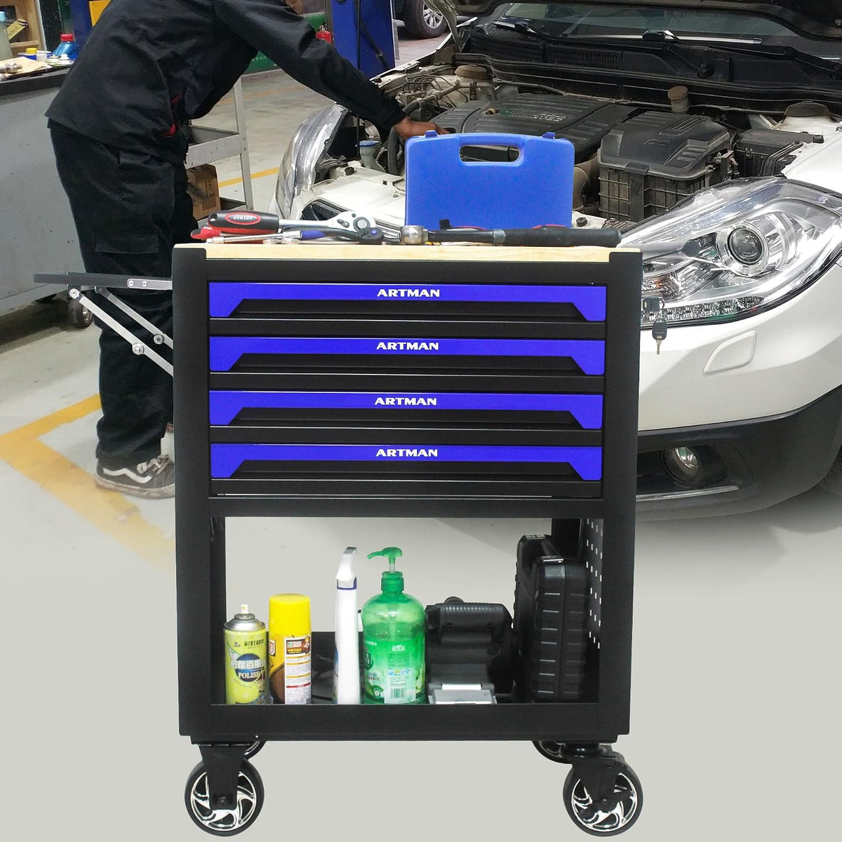 lockable 4-drawer rolling tool chest with wooden top shown in use